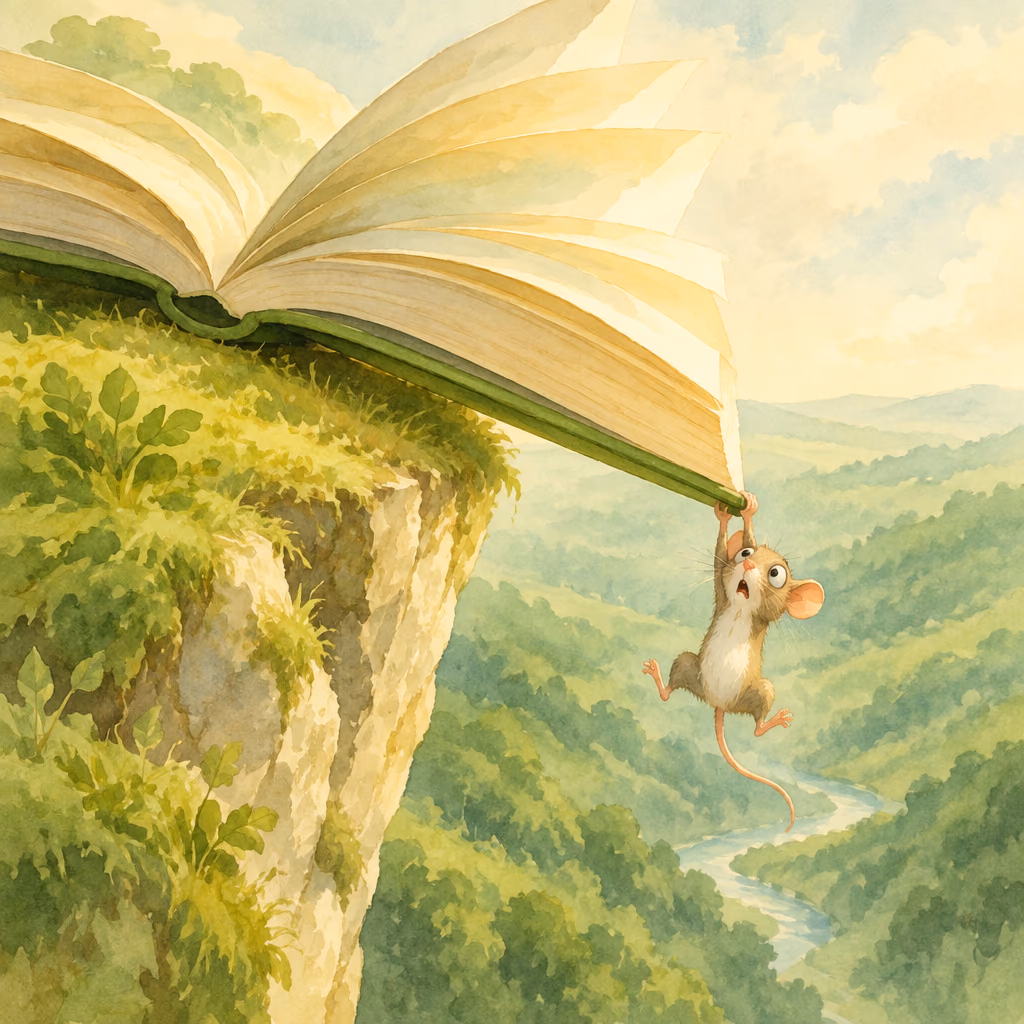 Illustration of the A1 German word “das Buch”, which translates to “book”. An enormous open book lies across a cliff edge, pages splayed; a tiny mouse dangles from its bottom corner by both front paws, hind legs kicking over a deep valley, eyes bulging with alarm.