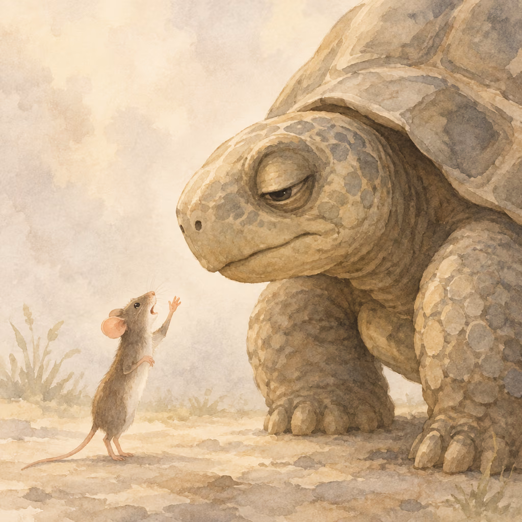 Illustration of the A1 German word “fragen”, which translates to “to ask”. A small mouse on tiptoe, one paw raised high and mouth open mid-question, leans eagerly up at a vast tortoise whose heavy eyelids droop with weary patience.